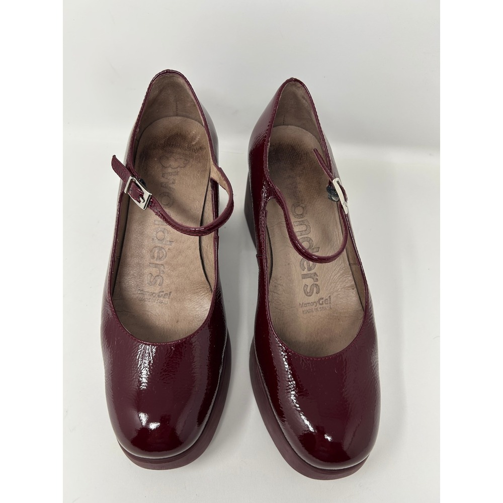 Wonders Burgundy Leather Mary Jane Platform Block Heels Spain EU 37 US 6.5-7